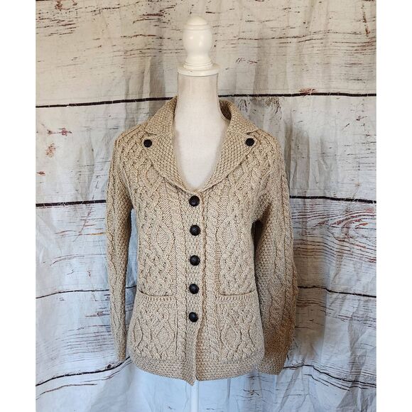 Aran Sweater Market Irish Merino Wool Button Front Cardigan Size Small - Picture 1 of 5